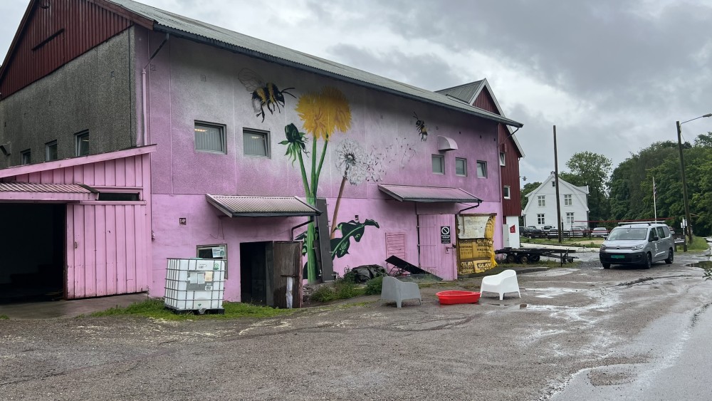 driftsbygningen med et stort rosa veggmaleri