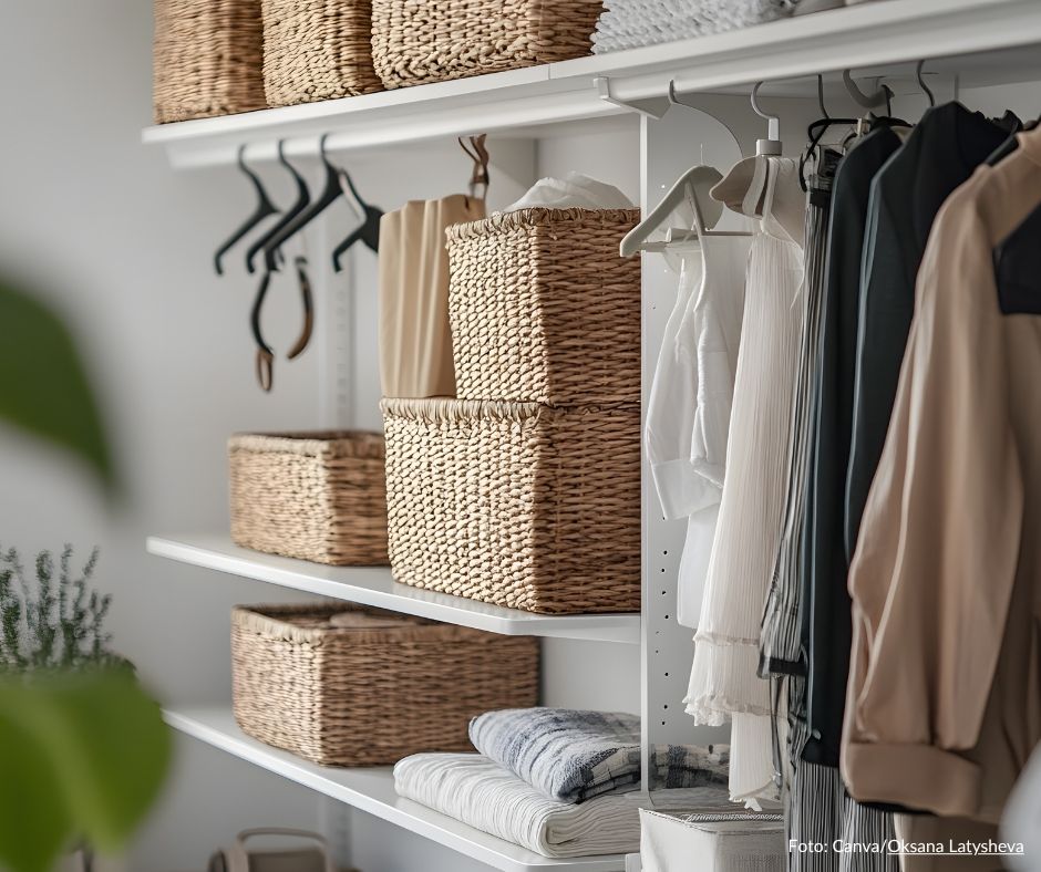 Klær og bokser på hylle