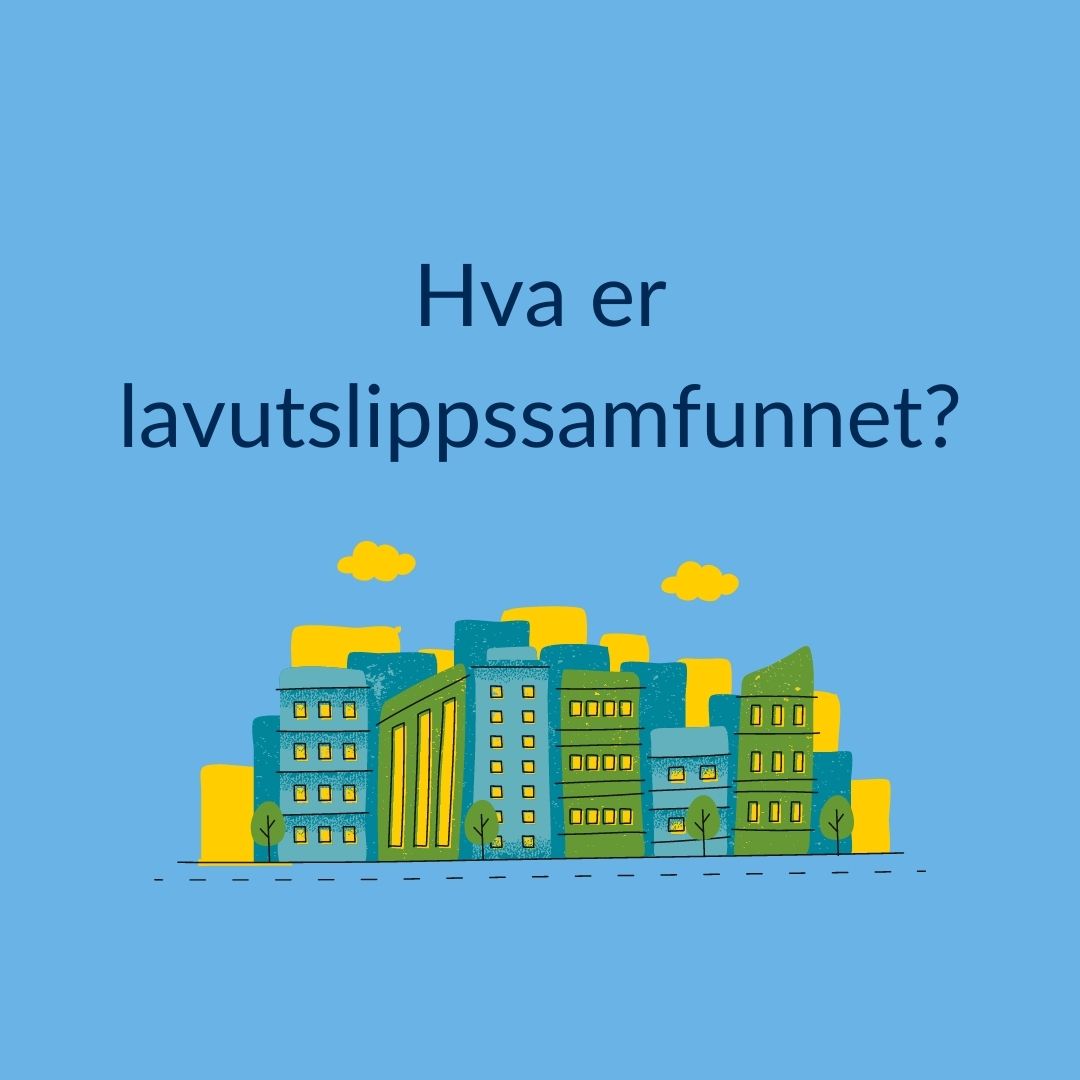 Illustrasjon av by og teksten hva er lavutslippssamfunnet? 