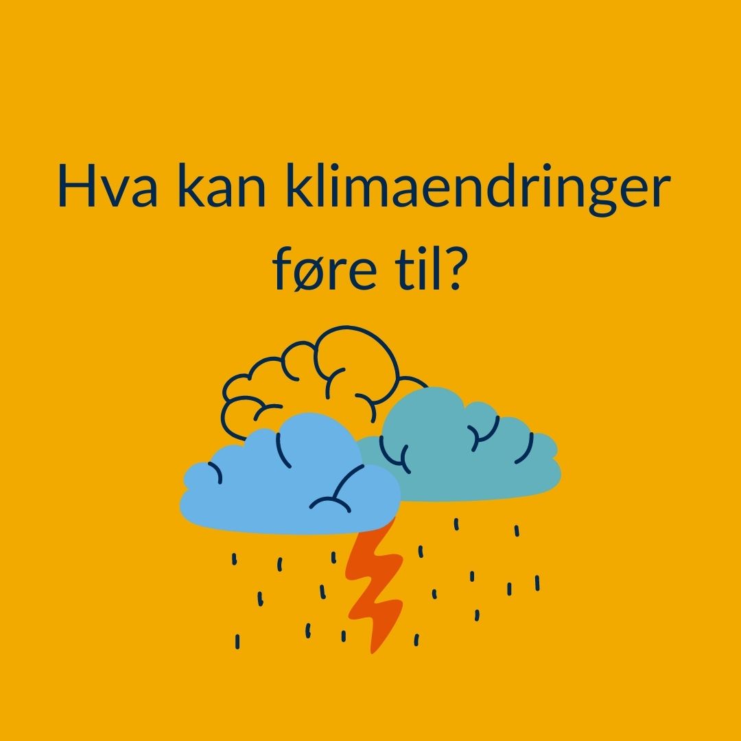 Illustrasjon av skyer med regn og lyn, og teksten Hva kan klimaendringer føre til? 