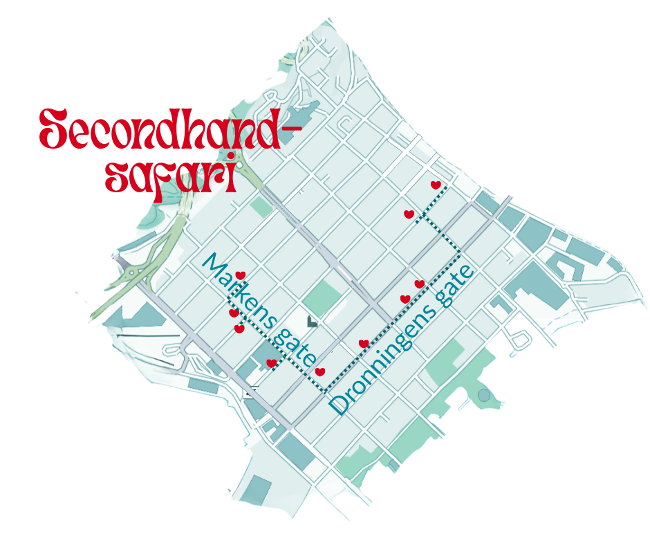 kart over kvadraturen med oppmerkede butikker og rute.